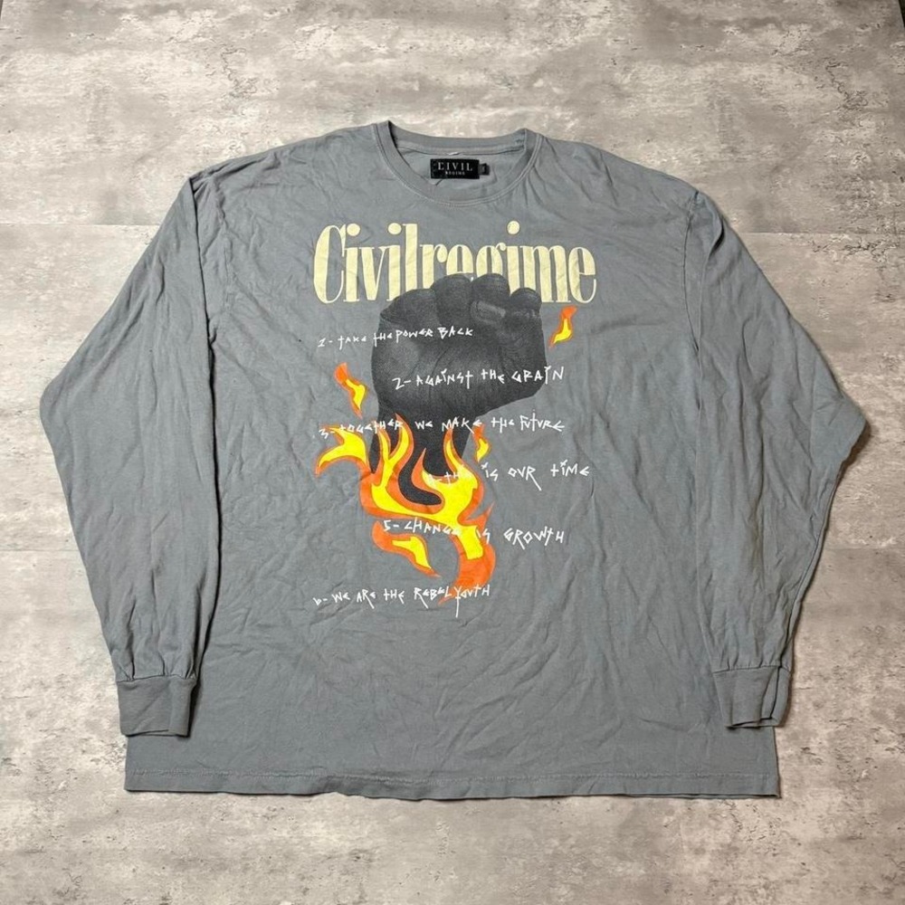 Y2K Vintage 2000s Oversized Civil Regime Rebel Youth Flame Fist Long Sleeve Grey